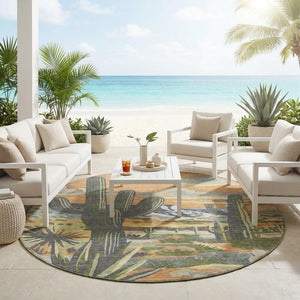 8 Foot Round Washable Polyester Rug with Copper Purple Trees for Patio or Foyer