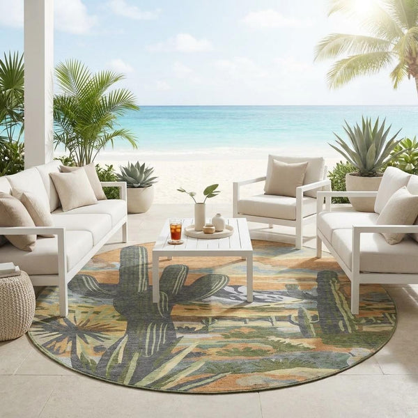 8 Foot Round Washable Polyester Rug with Copper Purple Trees for Patio or Foyer