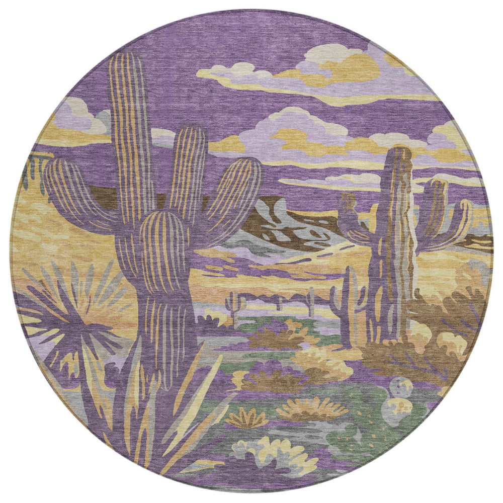 HomeRoots 8 Ft Round Purple Plum Trees Washable Polyester Area Rug for Indoor Outdoor Spaces 727437