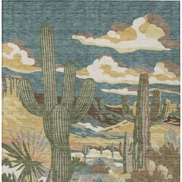 Teal Gold Tree Motif Washable Polyester Indoor Outdoor Area Rug for Patio or Living Room