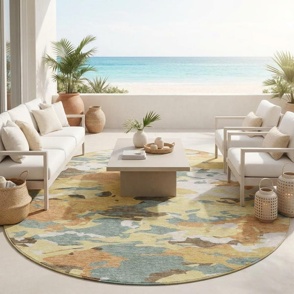 8 Foot Round Abstract Polyester Area Rug in Warm Gold Tones for Indoor Outdoor Use