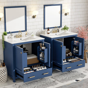 English Elm 60" Blue Double Vanity with Ceramic Sinks, Solid Wood Frame, Divided Drawers & Soft-Close Doors N729P000001C