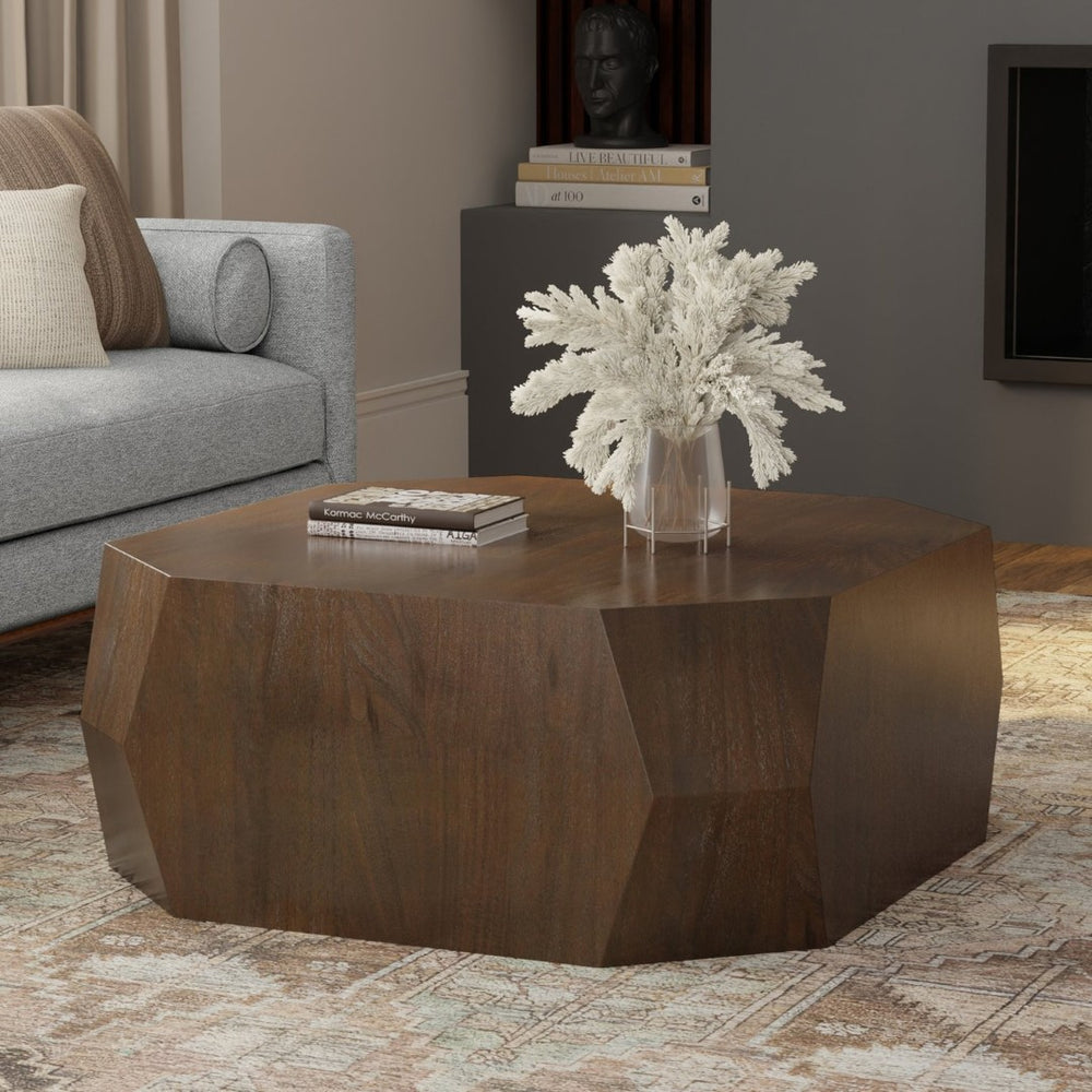 English Elm Eisley Acacia Veneer Coffee Table Geometric Base Walnut Finish Low Profile Living Room B136P429078