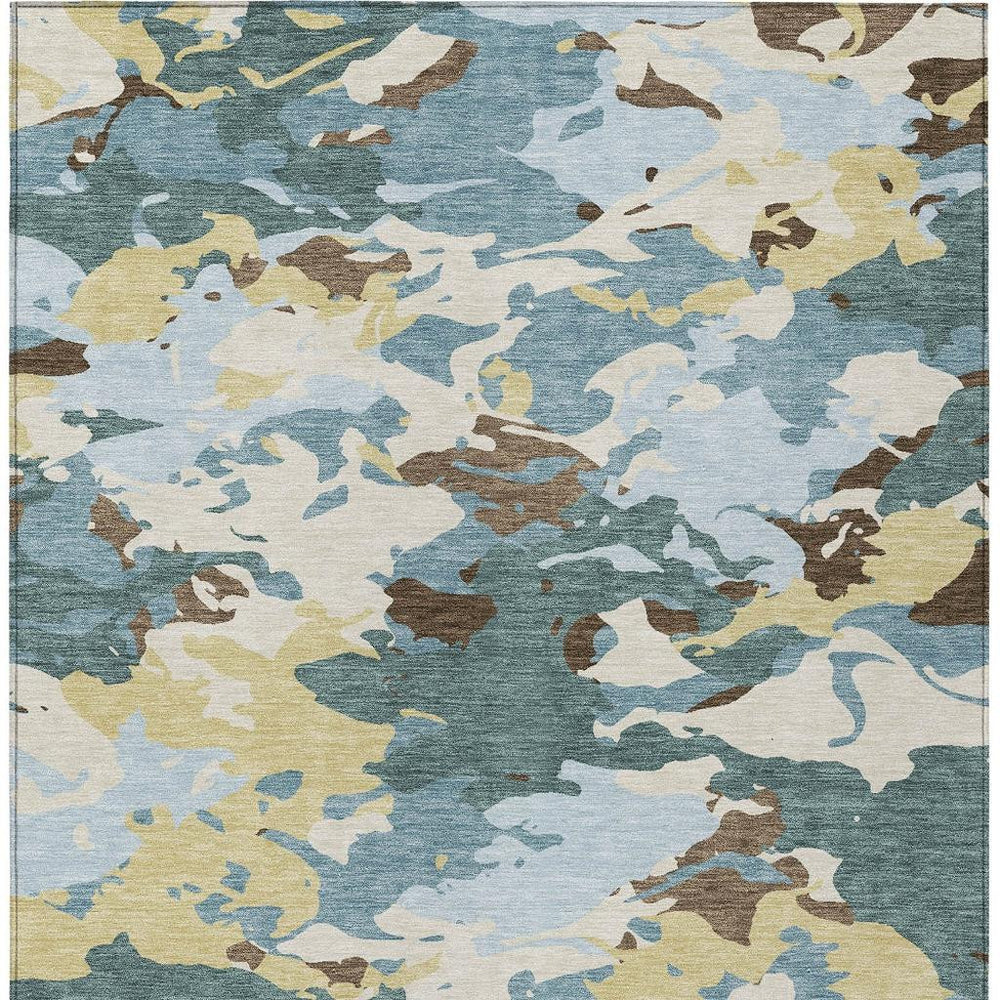 8 X 10 Abstract Washable Polyester Area Rug Teal Ivory Indoor Outdoor Patio