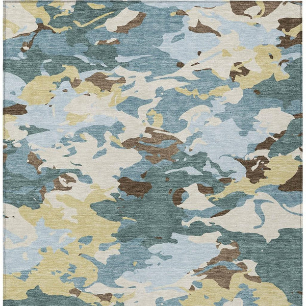 8 X 10 Abstract Washable Polyester Area Rug Teal Ivory Indoor Outdoor Patio