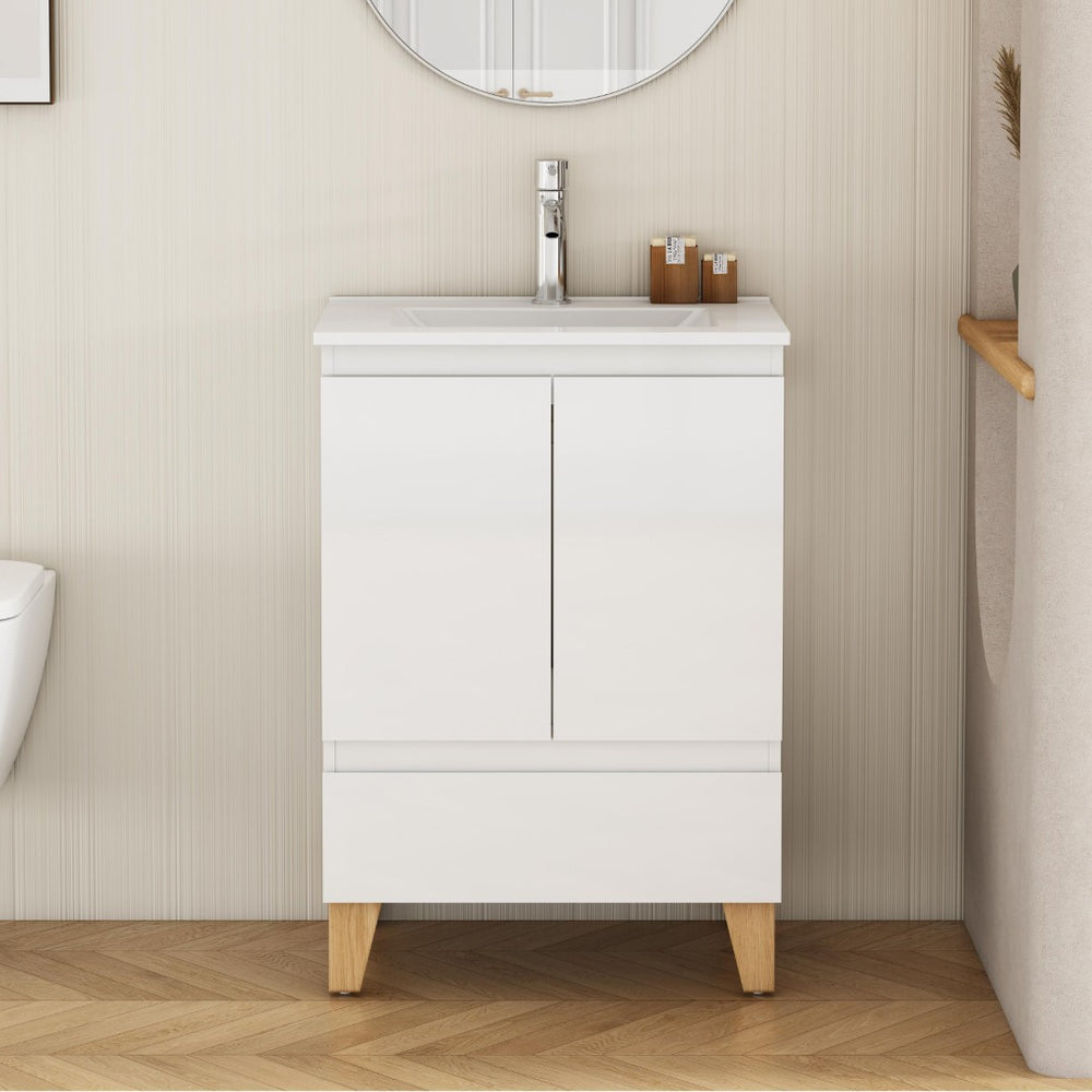 English Elm 24-inch Glossy White Bathroom Vanity Combo with Ceramic Sink and Solid Wood Feet W3151S00066