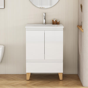 English Elm 24-inch Glossy White Bathroom Vanity Combo with Ceramic Sink and Solid Wood Feet W3151S00066