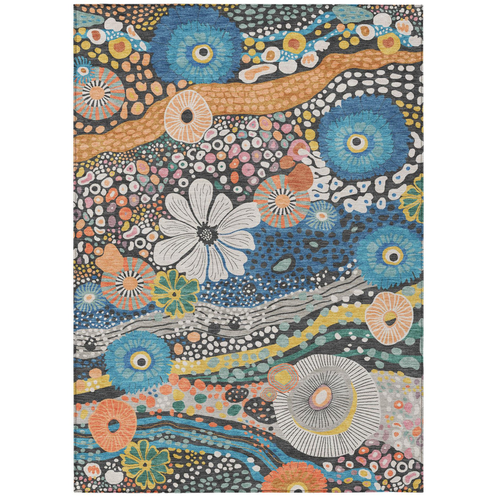 HomeRoots Floral Polyester Area Rug Washable Indoor Outdoor Traditional Low Profile Gray Navy Pattern 5' x 8' 727496