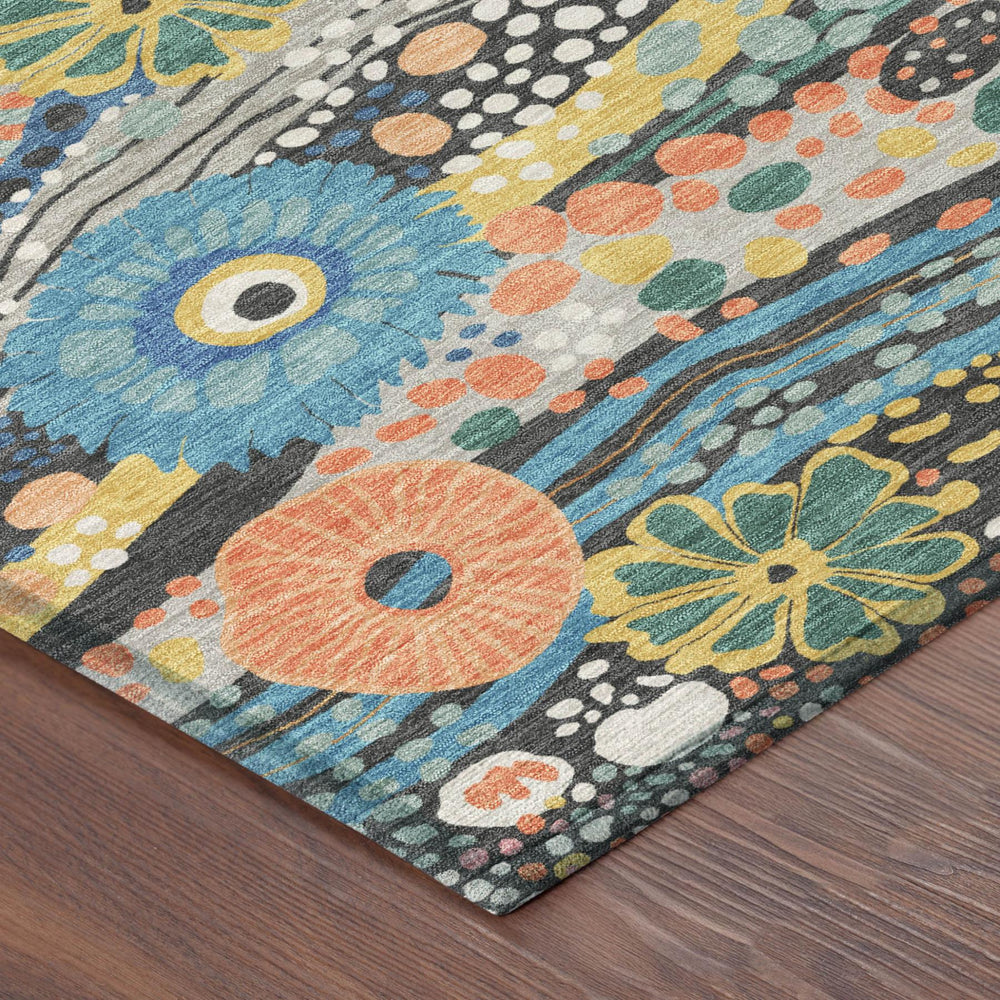 HomeRoots Floral Polyester Area Rug Washable Indoor Outdoor Traditional Low Profile Gray Navy Pattern 5' x 8' 727496