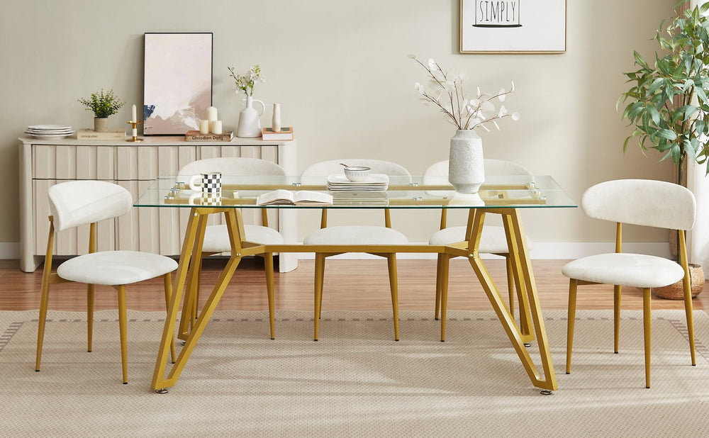 English Elm 70.9-inch Gold Glass Dining Table with Metal Legs, Modern 70.9"x35.4" Sturdy 220lb Capacity Elegance W1162P306712