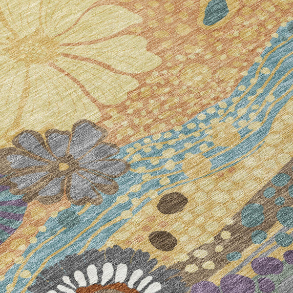 5 X 8 Floral Polyester Washable Area Rug Warm Gold Tones for Indoor Outdoor Use