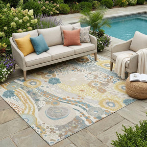 Floral Polyester Area Rug Machine Washable Indoor Outdoor for Patios and Living Rooms