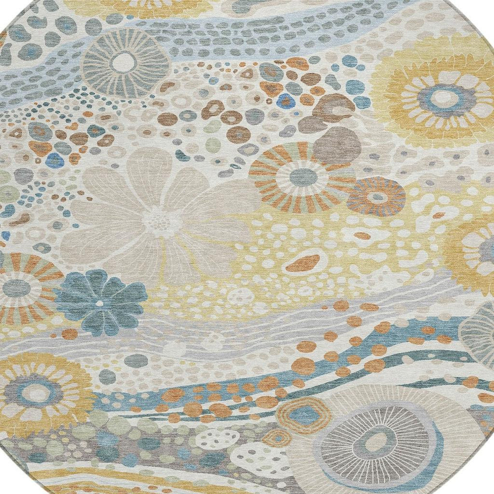 8 Foot Round Floral Polyester Area Rug Washable Indoor Outdoor Ivory Blue