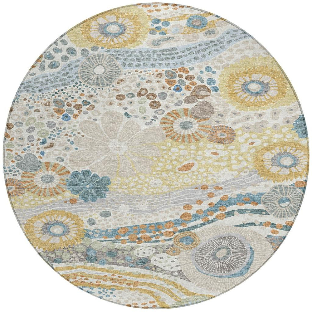 8 Foot Round Floral Polyester Area Rug Washable Indoor Outdoor Ivory Blue