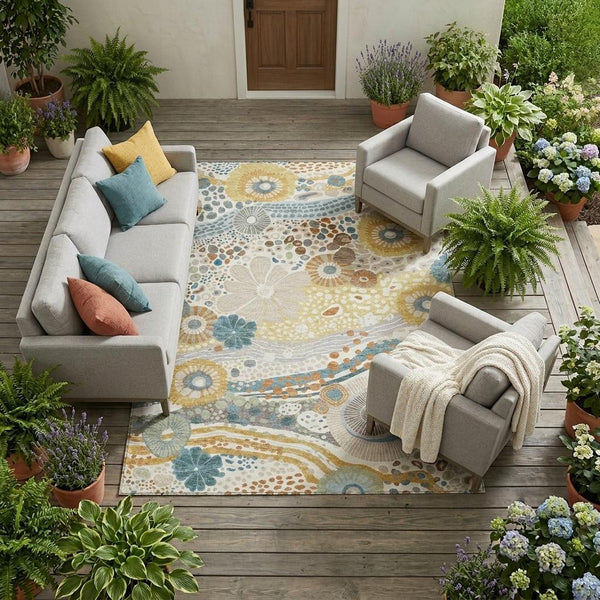 Floral Polyester Area Rug Machine Washable Indoor Outdoor for Patios and Living Rooms