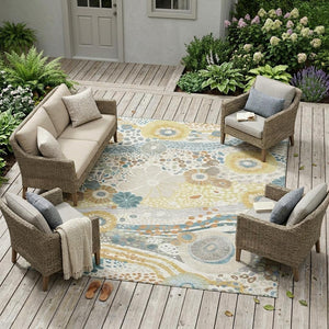 Floral Polyester Area Rug Machine Washable Indoor Outdoor for Patios and Living Rooms