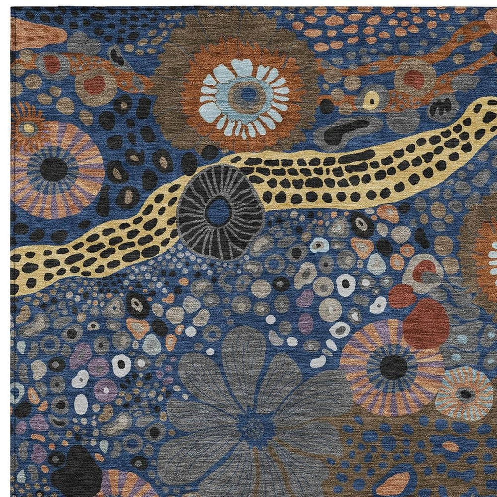 Floral Polyester Area Rug Navy Gold Washable Indoor Outdoor Patio and Living Room Decor