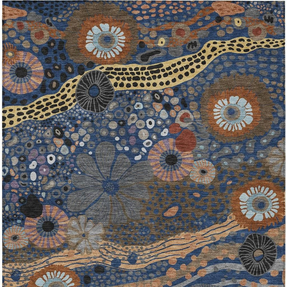 Floral Polyester Area Rug Navy Gold Washable Indoor Outdoor Patio and Living Room Decor