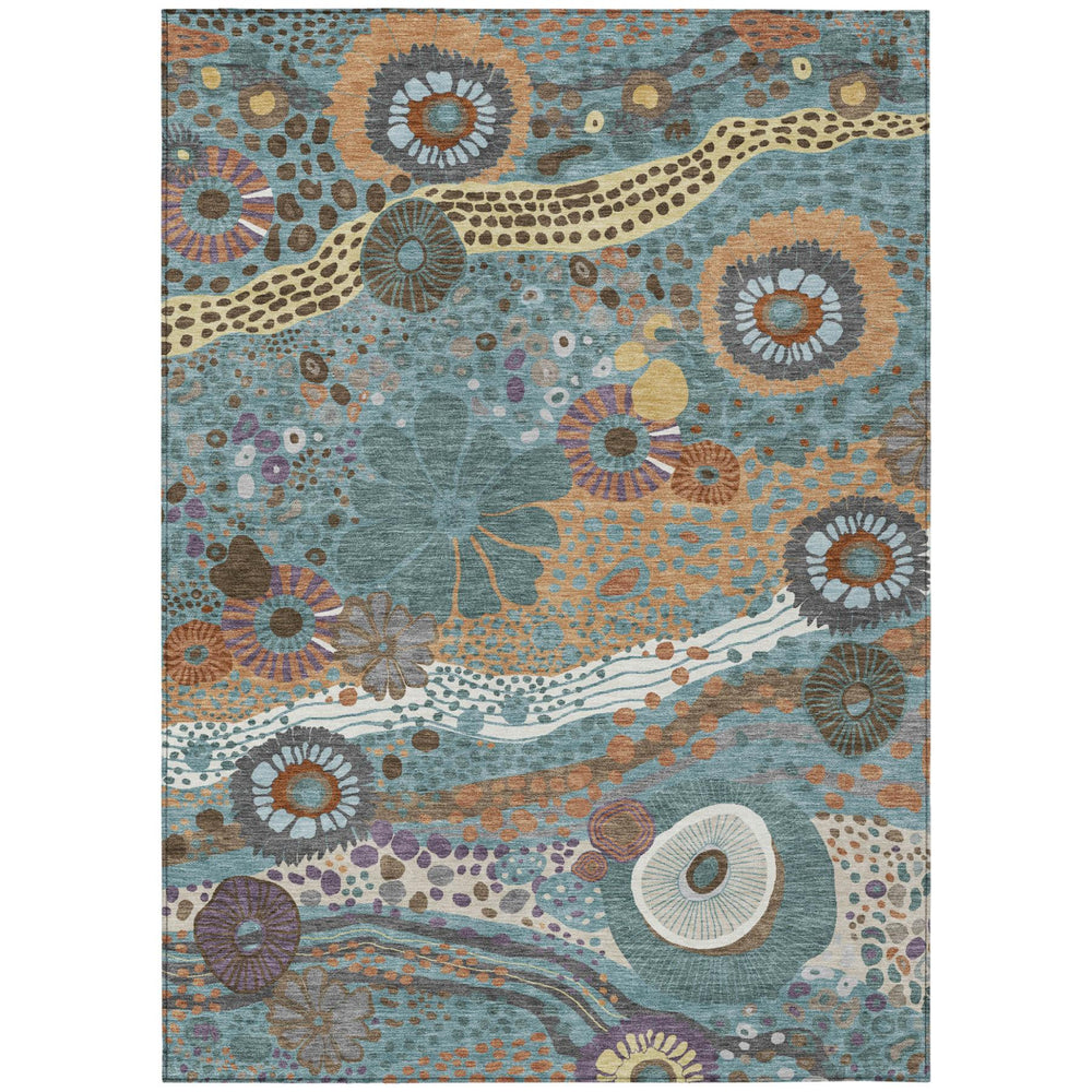 HomeRoots Floral Polyester Area Rug Washable Teal Ivory Indoor Outdoor Patio Decor All Sizes Available 5' x 8' 727520