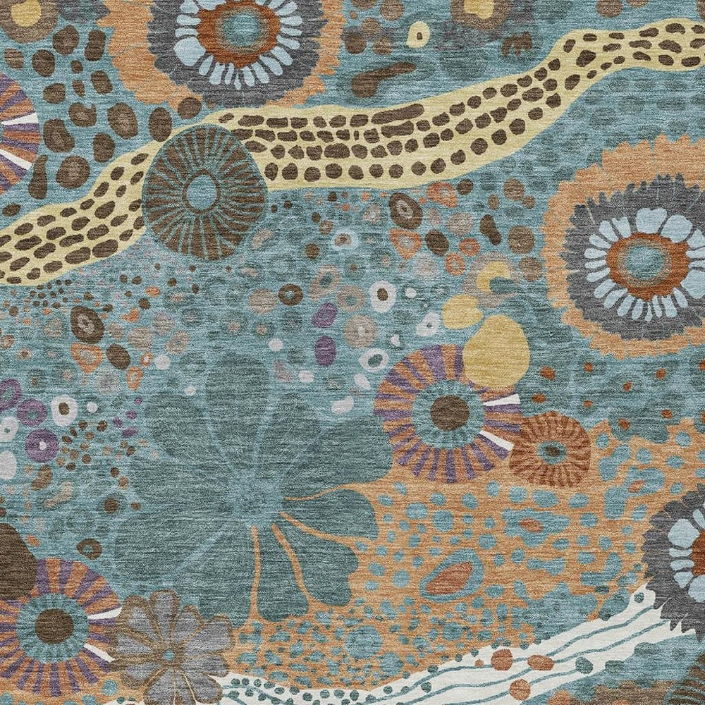 HomeRoots Floral Polyester Area Rug Washable Teal Ivory Indoor Outdoor Patio Decor All Sizes Available 5' x 8' 727520