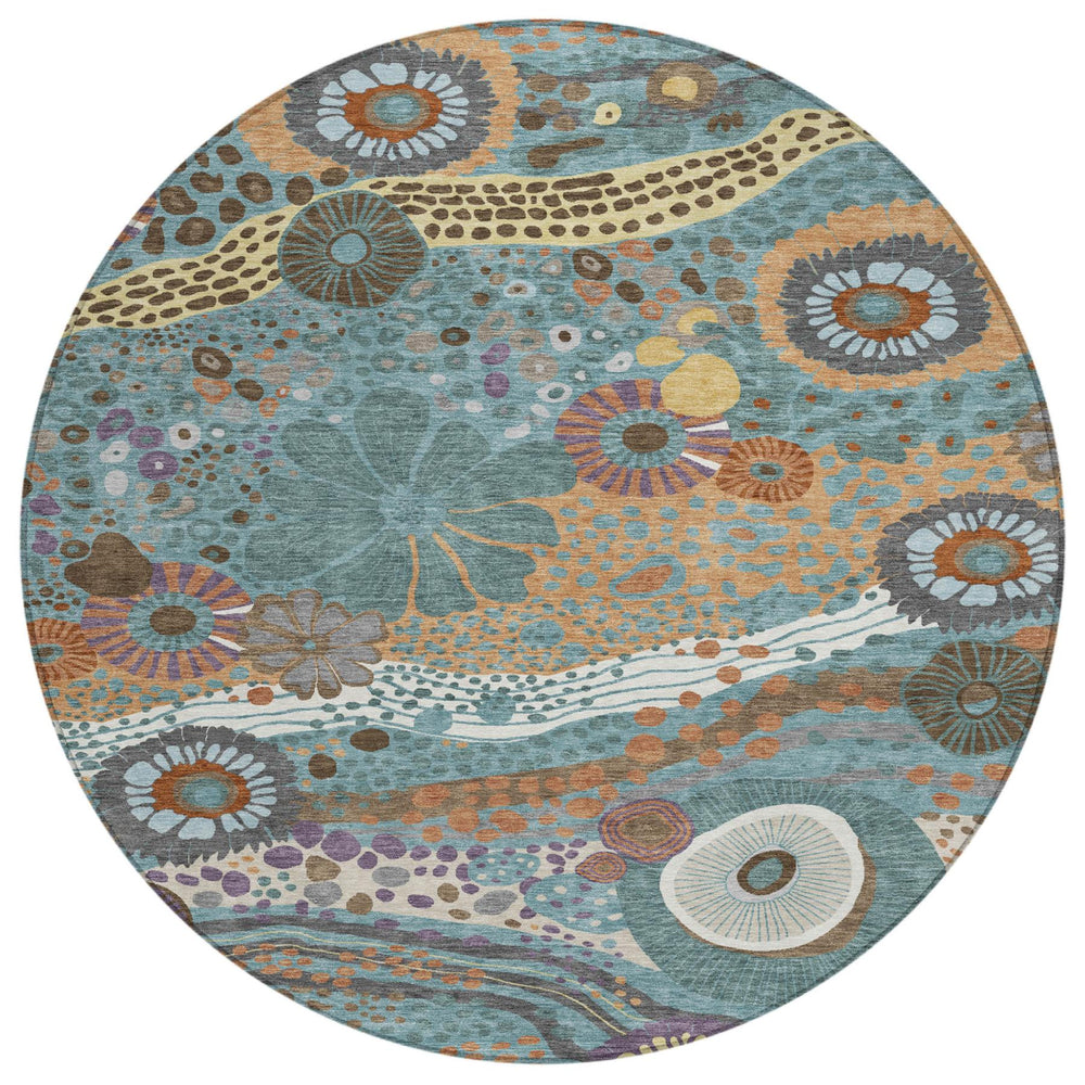 HomeRoots 8' Round Floral Polyester Area Rug Washable Teal Ivory Indoor Outdoor Patio 727521
