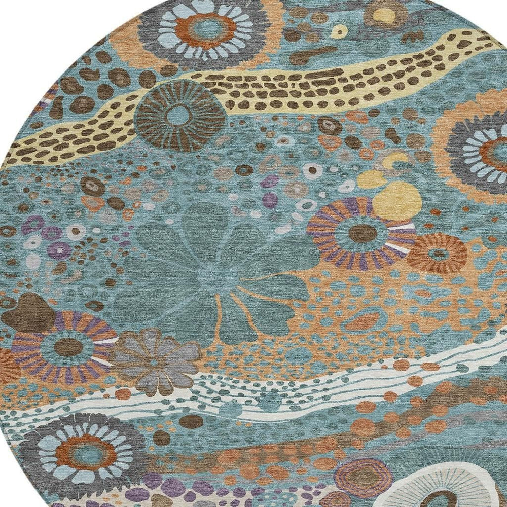 HomeRoots 8' Round Floral Polyester Area Rug Washable Teal Ivory Indoor Outdoor Patio 727521