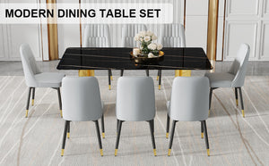 English Elm Table Set With Glass Top & Imitation Marble, 8 Light Gray Chairs - Elegant Dining Ensemble For All W1151S04335-GIGA