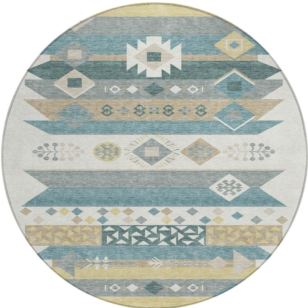 8 Ft Round Geometric Area Rug Washable Polyester Ivory Teal Indoor Outdoor Use