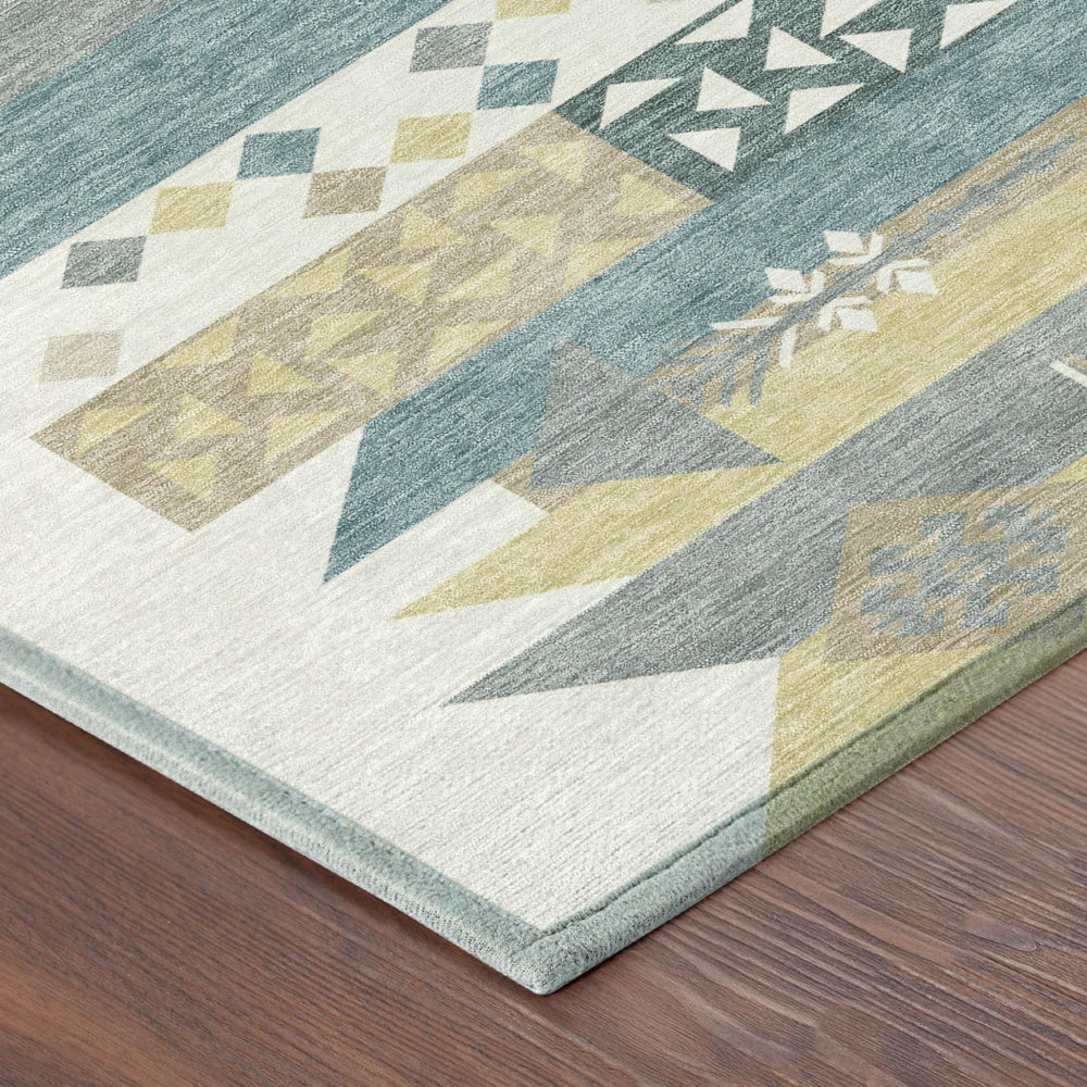 8 Ft Round Geometric Area Rug Washable Polyester Ivory Teal Indoor Outdoor Use