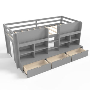 English Elm Twin Xl Low Loft Bed with Curtain Hideaway Chalkboard and Built-in Storage Shelves W1580S00400
