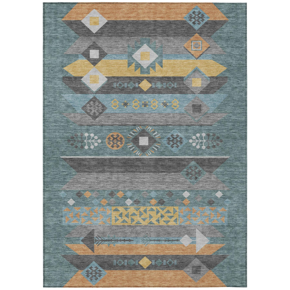 HomeRoots Geometric Polyester Area Rug Washable Low Pile Teal Copper Indoor Outdoor Patio Modern 10' x 14' 727560