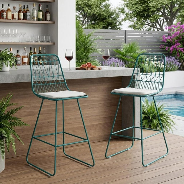 Set of Two Iron Outdoor Bar Height Chairs in Teal for Patio Dining