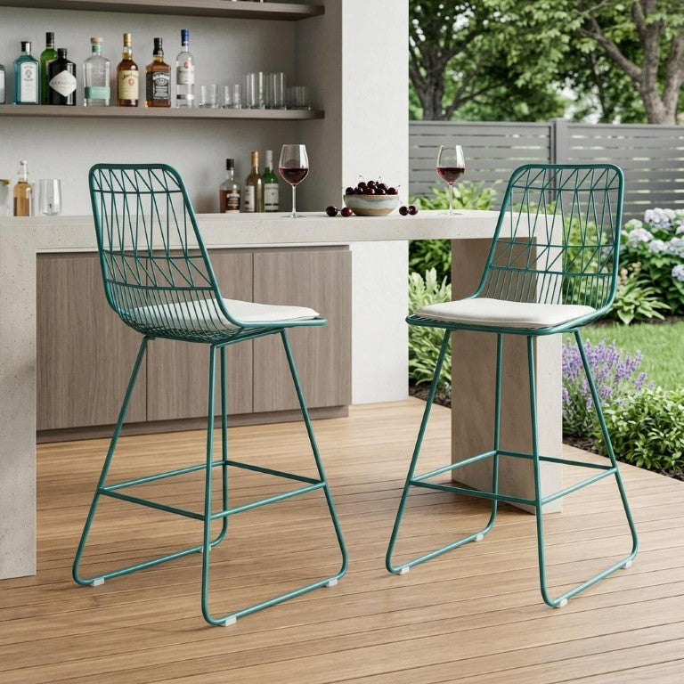 HomeRoots Set of Two Iron Outdoor Bar Height Chairs in Teal for Patio Dining 727655