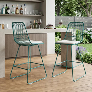 HomeRoots Set of Two Iron Outdoor Bar Height Chairs in Teal for Patio Dining 727655