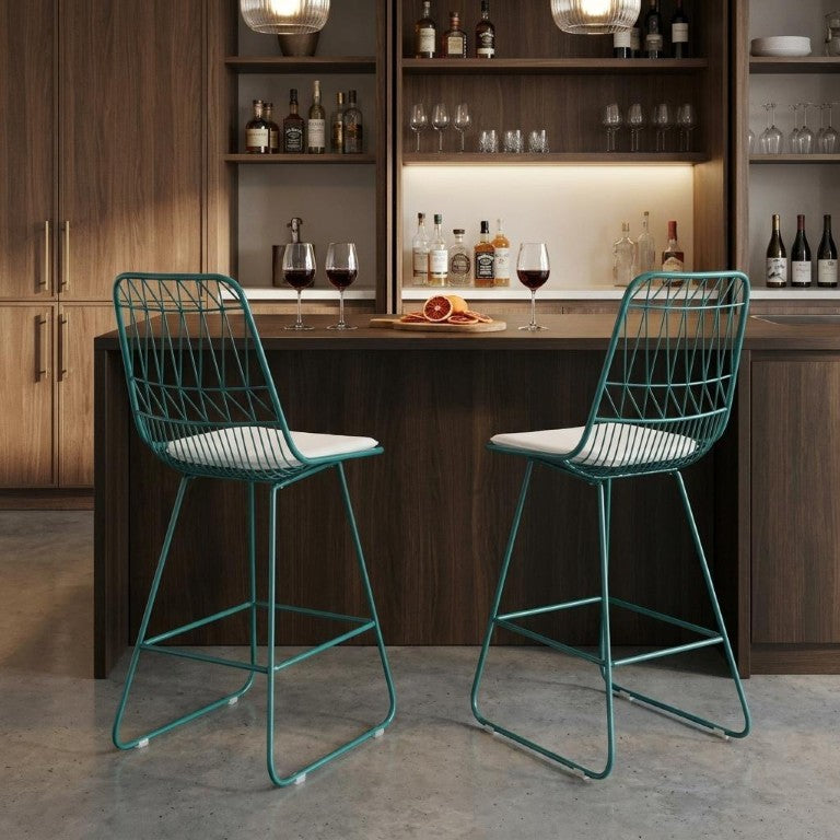 HomeRoots Set of Two Iron Outdoor Bar Height Chairs in Teal for Patio Dining 727655