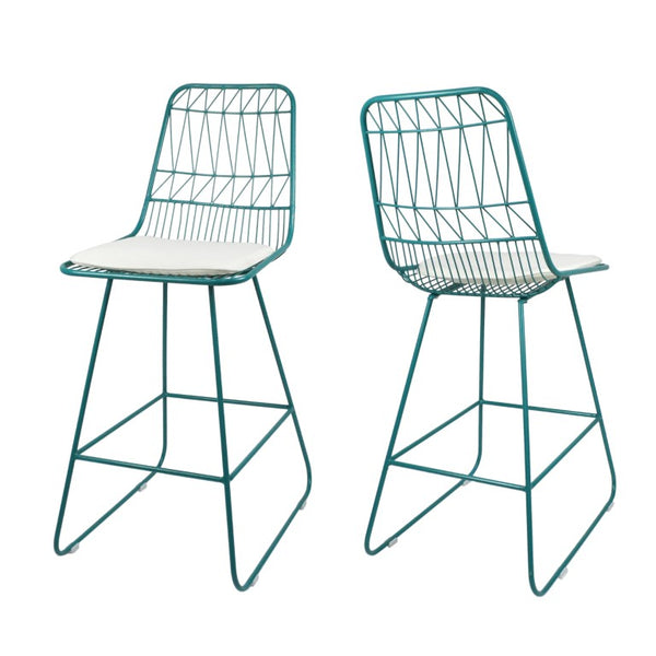 Set of Two Iron Outdoor Bar Height Chairs in Teal for Patio Dining