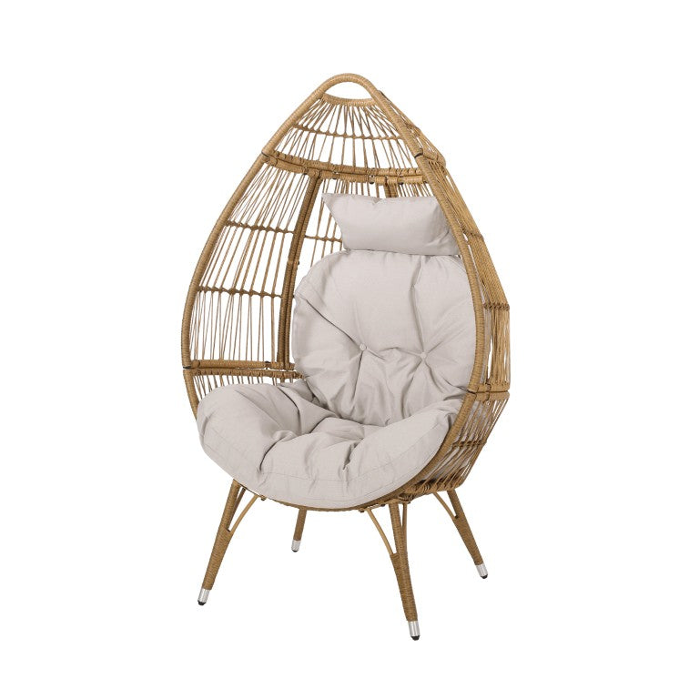 HomeRoots 37 Inch Woven Faux Rattan Outdoor Egg Chair with Cushioned Bohemian Patio Seating 727669