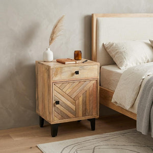 24 Inch Solid Wood Nightstand with Carved Geometric Detail and Single Storage Drawer