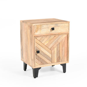 24 Inch Solid Wood Nightstand with Carved Geometric Detail and Single Storage Drawer