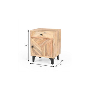 24 Inch Solid Wood Nightstand with Carved Geometric Detail and Single Storage Drawer
