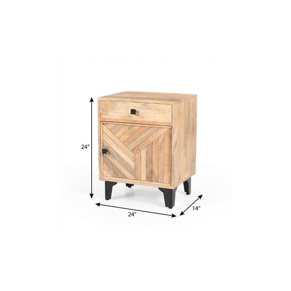 24 Inch Solid Wood Nightstand with Carved Geometric Detail and Single Storage Drawer