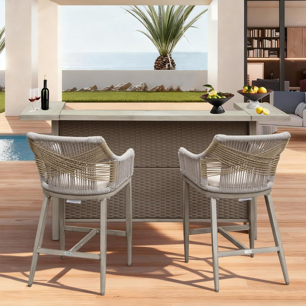 English Elm Outdoor Wicker Aluminum 3 Piece Bar Set with Stools Storage and Propane Compartment W1859S00178