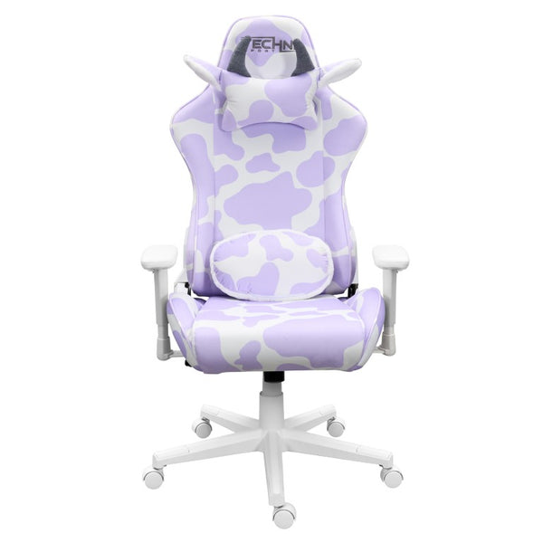 Lavender Cow Print Gaming Chair with Adjustable Rolling Base for Teen Bedroom