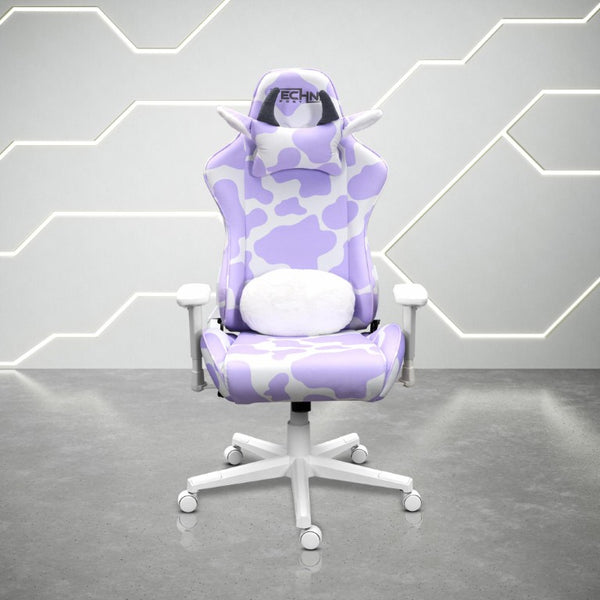 Lavender Cow Print Gaming Chair with Adjustable Rolling Base for Teen Bedroom