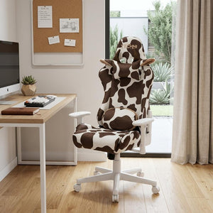 Brown Cow Print Gaming Chair with Adjustable Height and Smooth Rolling Casters