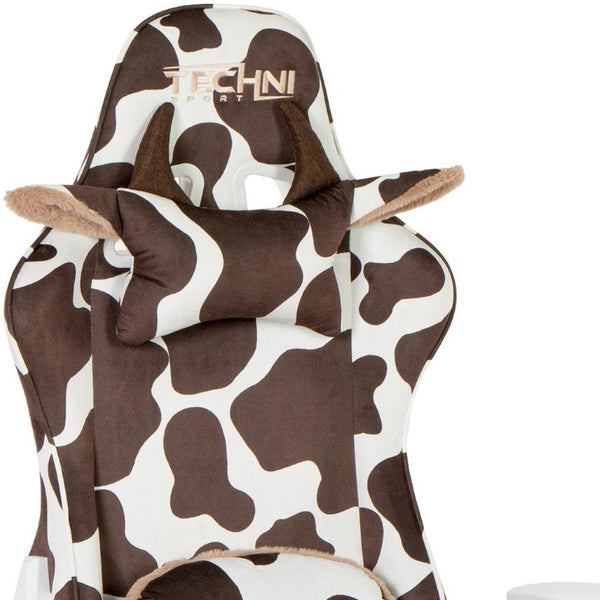 Brown Cow Print Gaming Chair with Adjustable Height and Smooth Rolling Casters