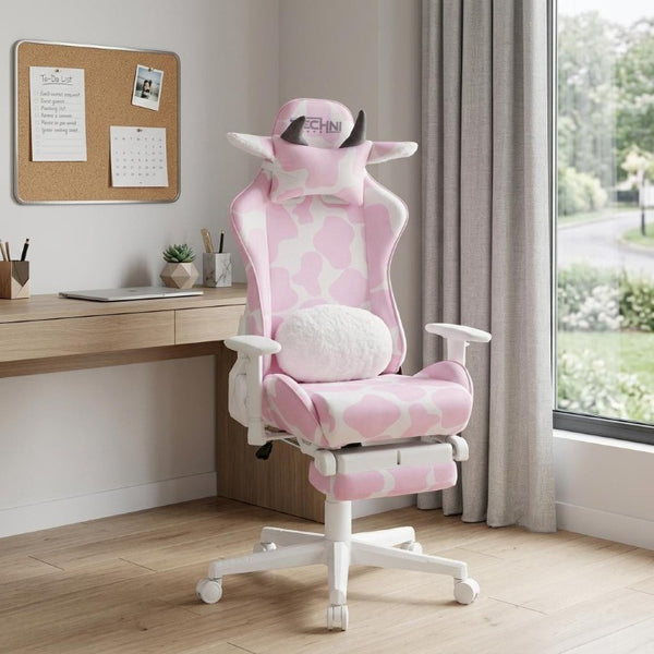 Pink Cow Print Gaming Chair with Footrest Adjustable Rolling Seat for Fun Setups