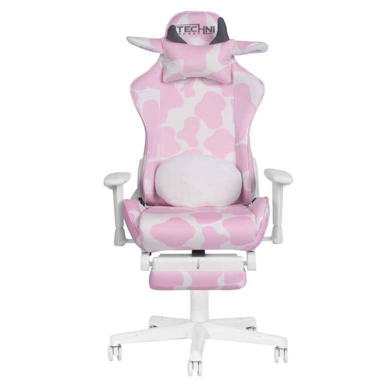 HomeRoots Pink Cow Print Gaming Chair with Footrest Adjustable Rolling Seat for Fun Setups 727706