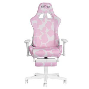 Pink Cow Print Gaming Chair with Footrest Adjustable Rolling Seat for Fun Setups