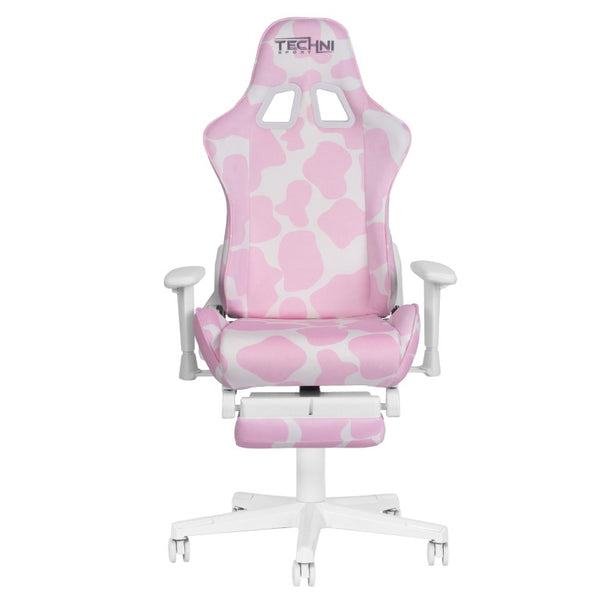 Pink Cow Print Gaming Chair with Footrest Adjustable Rolling Seat for Fun Setups